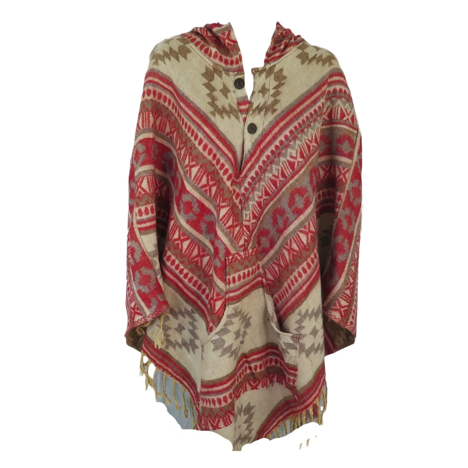 Poncho|2 Botones|Borlas | Capucha+Bolsillo|Boho|Desierto|Mezcla de Lana Yak|1 Talla|Arena Foto 2 de 4