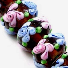 8 Handmade Lampwork Glass Rondelle Beads "Primrose Flower" Pink Blue on Brown