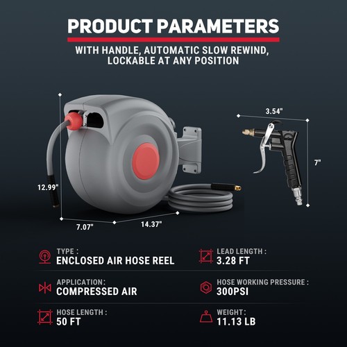 Einziehbare Luftschlauchtrommel 3/8 Zoll x 50 Fuß Hybrid geschlossener Luftschlauch 300 PSI - Bild 6 von 7