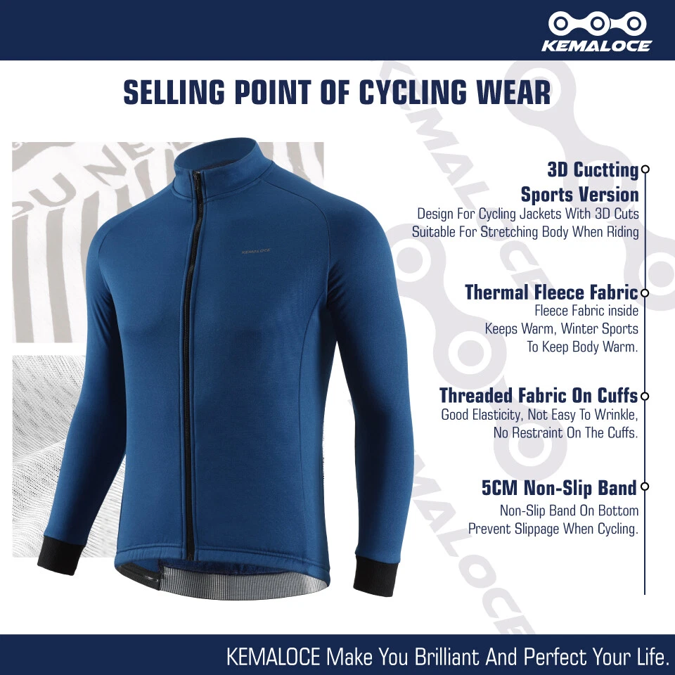 KEMALOCE Cycling Jacket Men Winter Solid Black&Blue&Grey Fleece S-XL Bike Jersey - Image 4 of 4