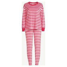 Joyspun Women's Velour Pajama Sleep Set with Eye Mask-Coral Stripe-L 12/14 -NWT