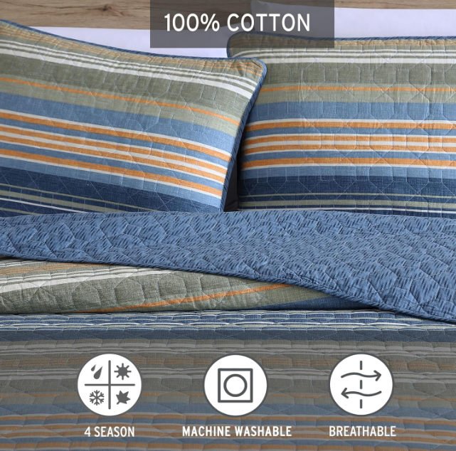 Eddie Bauer King Size Cotton Quilt Set Yakima Valley Stripe Blue