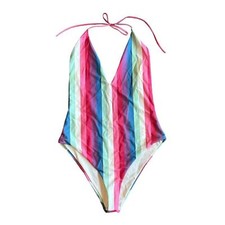 Privacy Please One Piece Halter Top Swimsuit Bold Stripe Size Medium Women's
