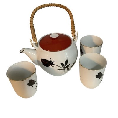 Sango Japanese Style Teapot  And 3 matching cups Black Rose ceramic