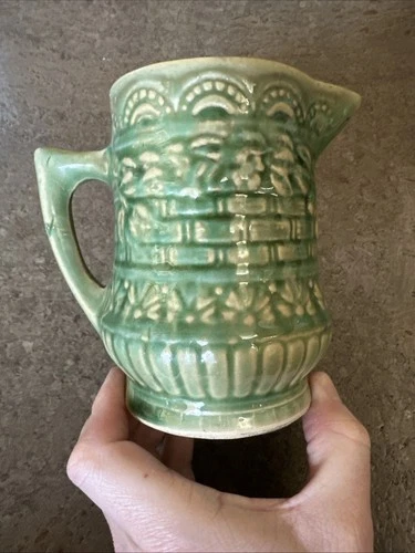 VINTAGE STONEWARE POTTERY GREEN GLAZE YELLOWARE “ROSELLA” PITCHER / CREAMER