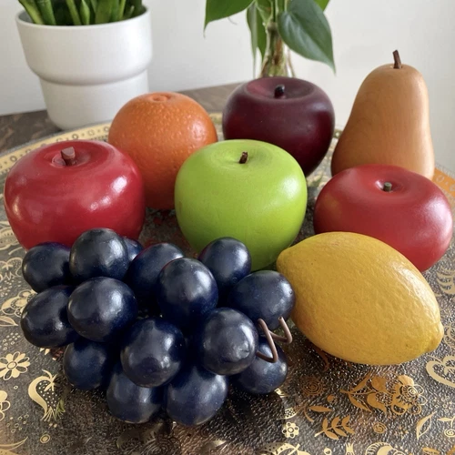 VNTG 8 Colorful Wood Faux Fruits Lot Bowl Filler Apples Grapes Pear Orange Lemon