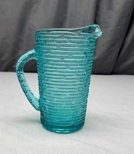 Vintage Anchor Hocking Soreno Aquamarine Glass Pitcher with Handle