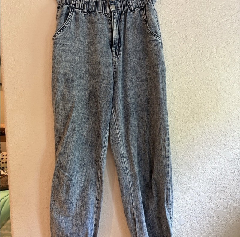 RSQ Women's Blue Acid Wash Paperbag Denim Jeans w/ Button Elastic Waist XS