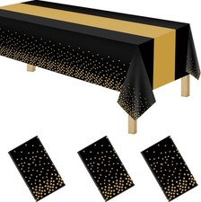 3 Pack 2in1 Disposable Plastic Tablecloths 54" x 108" Black and Gold Dot Kitchen