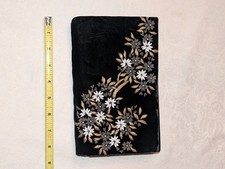 Art Deco Black Velvet Beaded Floral Clutch Purse Gold White Accents