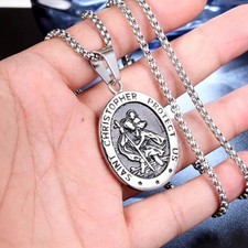 Titanium Steel Oval ST Christopher Pendant Necklace 24inch Box Chain For Mens UK