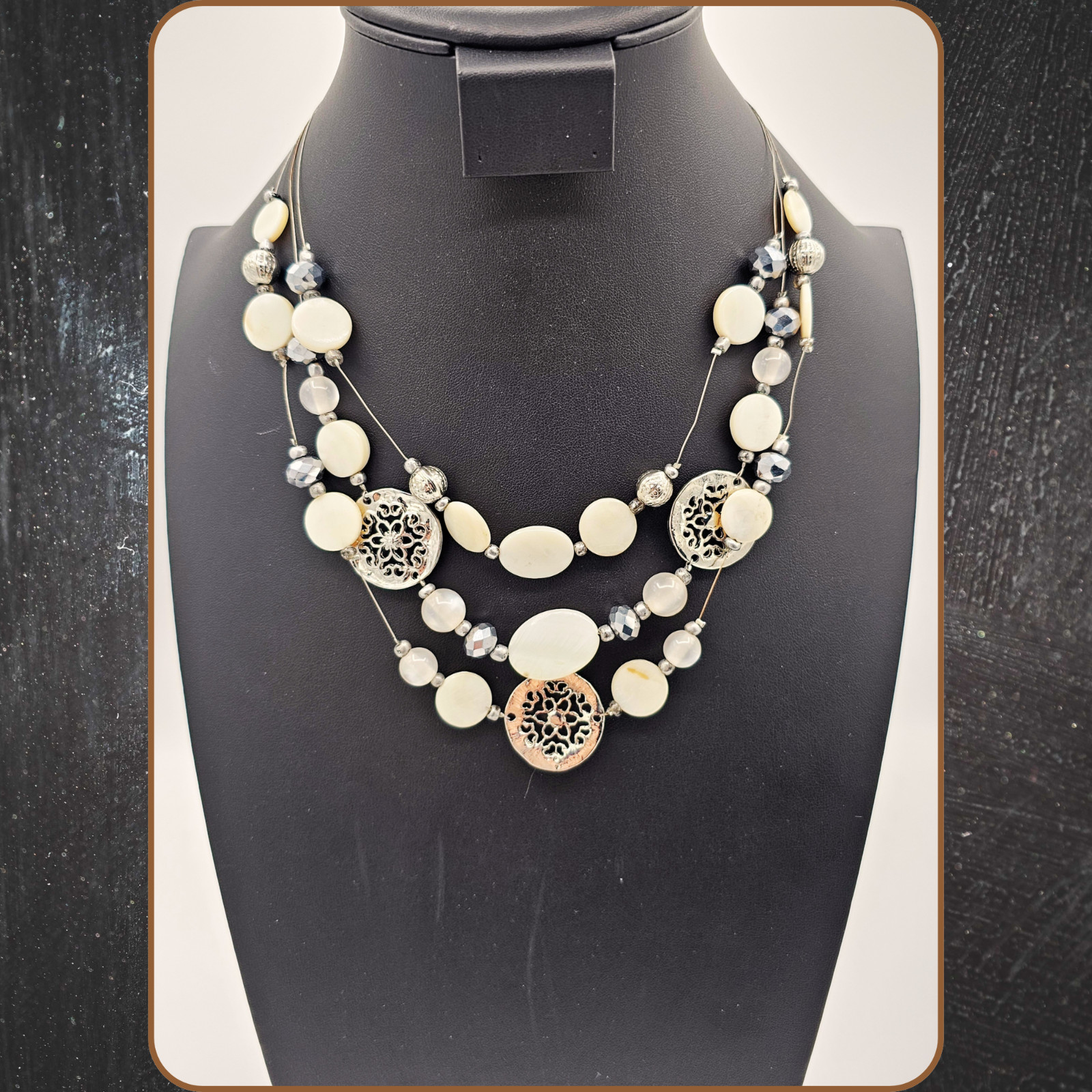 Multi Strand Shell Beaded Statement Necklace Silv… - image 2