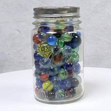 Vintage Glass Jar With 120 Mixed Colorful Marbles Mason Jar Collection Game Toys