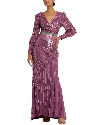 Mac Duggal Sequined Wrap Over Bishop Sleeve Gown Women's