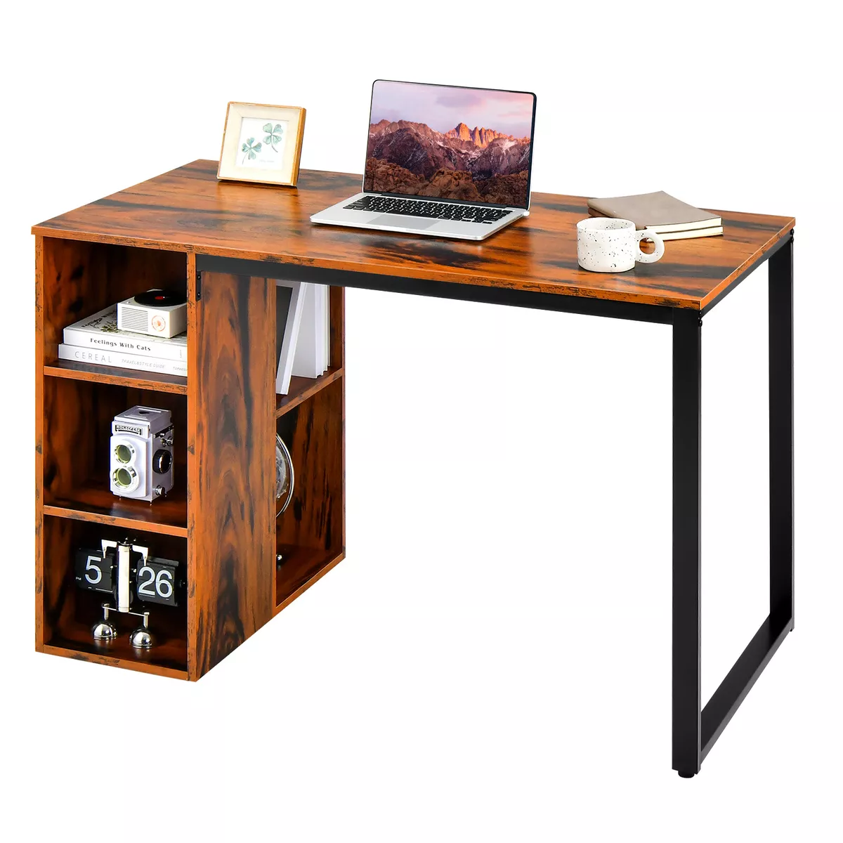 Costway Computer Desk Writing Study Table with Storage Shelves Home Office  Rustic Brown