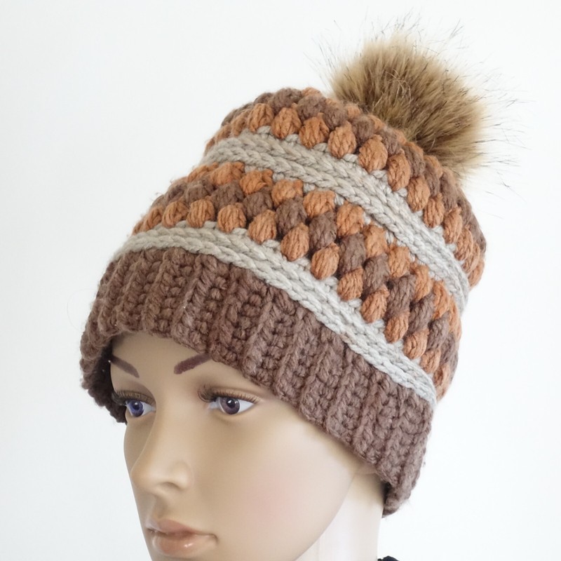 Original Handmade Crochet Beanie Hat Adult Brown Beige Carmel Acrylic w/ Pom Pom
