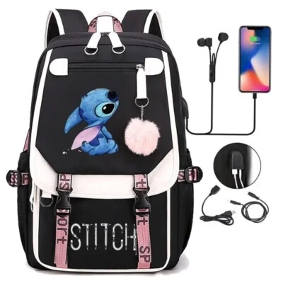 MARKENLOS Disney Kinder Lilo Stitch Rucksack Mädchen Cartoon USB Kabel Laden Schule Tasche