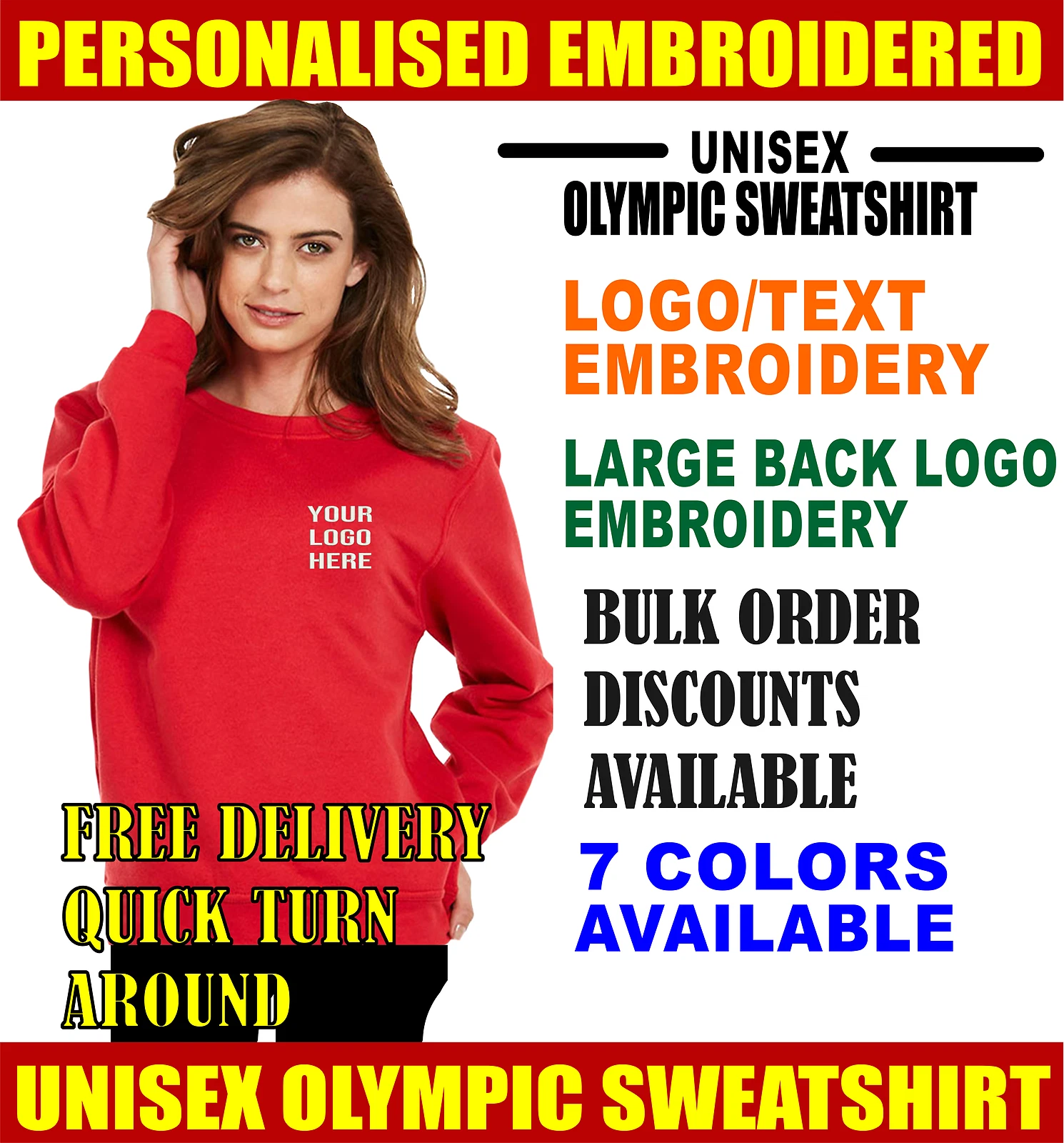 Personalised Embroidered Logo Uneek UC205 Olympic Unisex Sweatshirt