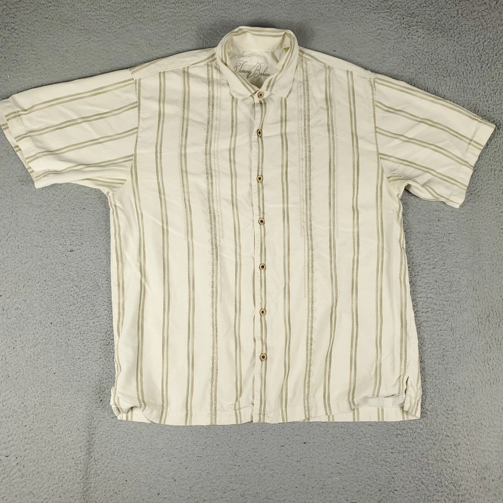 Tommy Bahama Shirt Mens Large Beige Striped Hawaiian Button Up Short Sleeve *