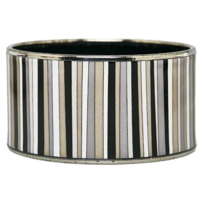 Hermes Enamel Emaile TGM Cloisonne Striped Bangle Bracelet Silver