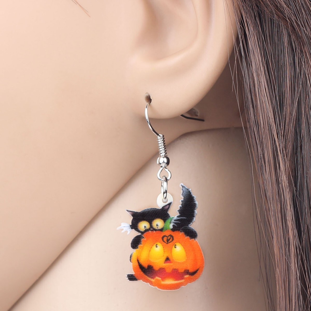 Halloween Black Cat & Pumpkin Earrings - Hypoallergenic Dangle Earrings For Women & Girls - View #6