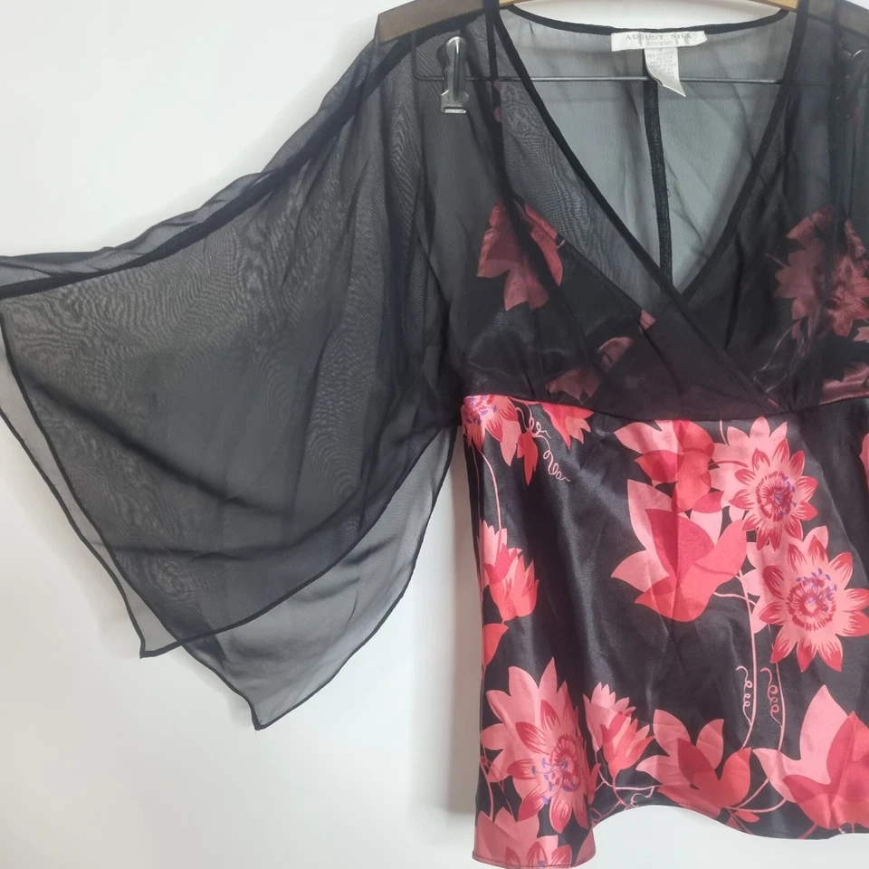 NUEVO CON ETIQUETAS AUGUST Pijama Satinado Conjunto de 2 Piezas Top Pantalones Floral Gasa Sedoso Transparente Y2K Talla M Foto 3 de 4
