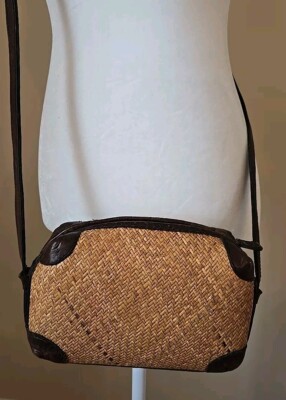 VTG Elliot Lucca Indonesia Rattan Zip Top Crossbody Bag Leather Strap VGUC