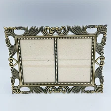 Vintage Ornate Gold Tone Wheat Hearts Double Picture Frame 3.5 X 4.5 Photos