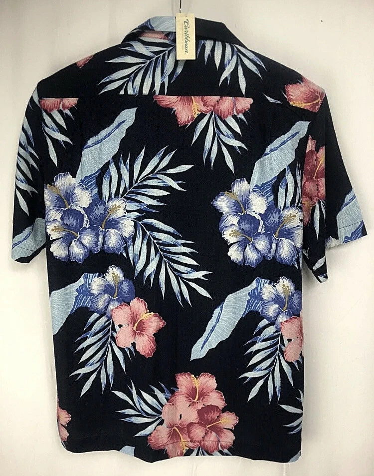 Карибская мужская рубашка XL на пуговицах из шелковой смеси с коротким рукавом гавайская темно-розовая новая с ценниками - Изображение 4 из 4