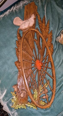 Vtg 1970 Burwood 22x8 Country Wagon Wheel leaning on Fence w Sitting Grouse Bird