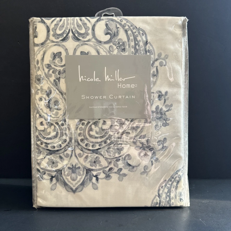 Nicole Miller Medallion Blue Cream Fabric Shower Curtain Boho Navy Designer NEW - Image 2 of 4