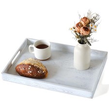 Rustic White Wood Serving Tray with Handles, 17 Inch Wooden Tray for Ottoman,...