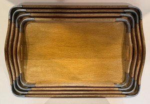 EXC RARE Set 4 Mid Century MCM Woodpecker Woodware Chrome Oak Wood Serving Trays