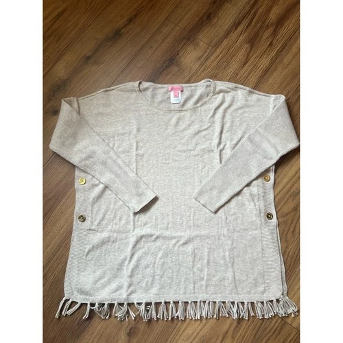 Lilly Pulitzer Ramona Gray Fringe Side Button Sweater M - product listing photo
