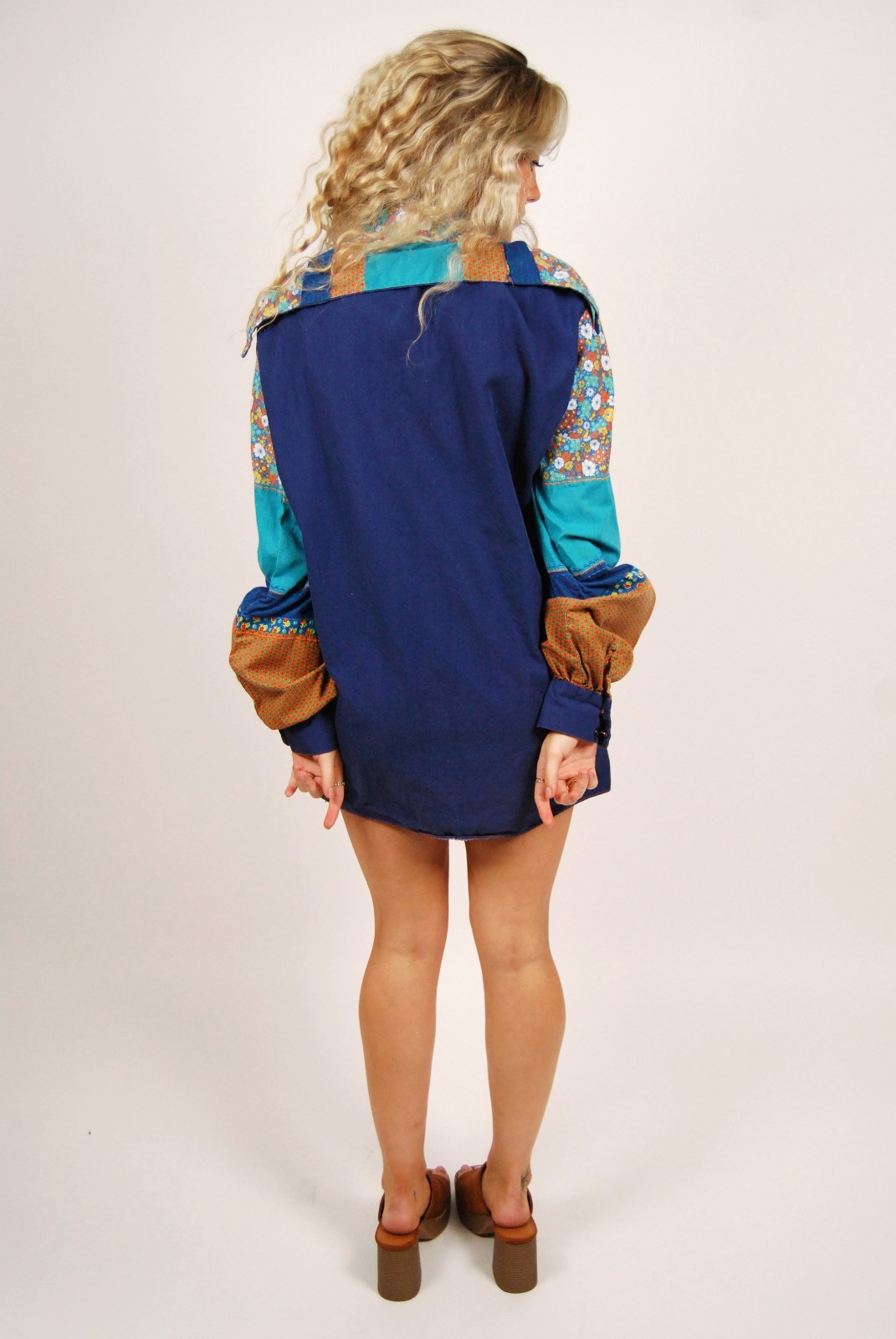 70s Patchwork Button Up (M) medium blue orange vi… - image 3