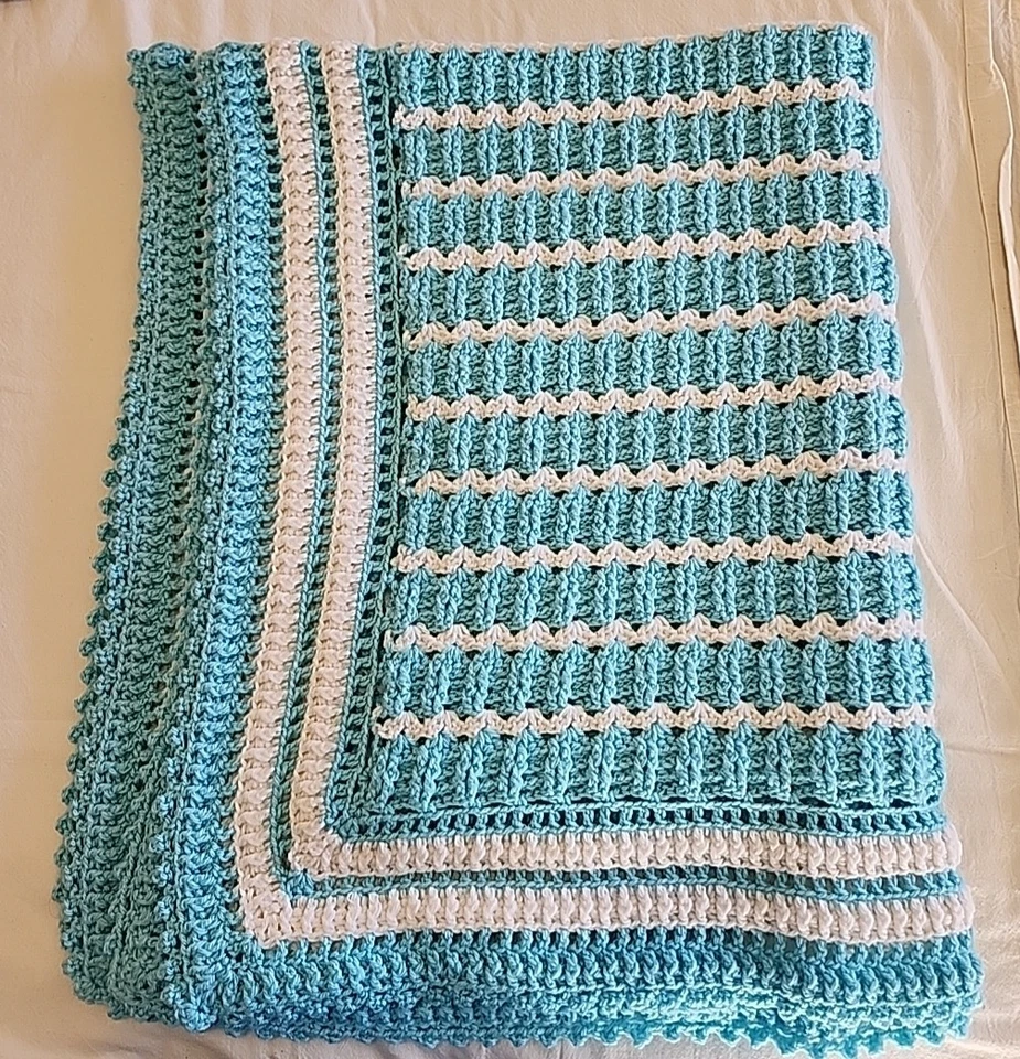Handmade Baby Lap Blanket Crocheted Turquoise and White 36" X 45" - Image 2 of 4