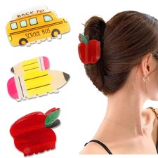 3PCS Back to School Hair Claw Pencil Apple and School Bus Shape Hair Clips Fu...