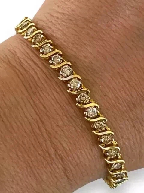 Pulseira de tênis feminina folheada a ouro amarelo 14K corte redondo diamante criado em laboratório 5 quilates - Imagem 3 de 4