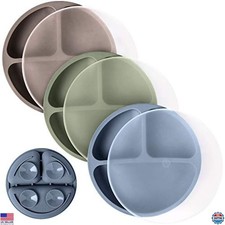 WeeSprout 3 Pack Silicone Suction Plates with Lids, Divided Design, Toddler