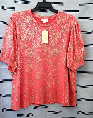 Michael Kors Sangria Foil Blouse Top Plus Size 4X Puff Sleeve Gold Tone NWT *L