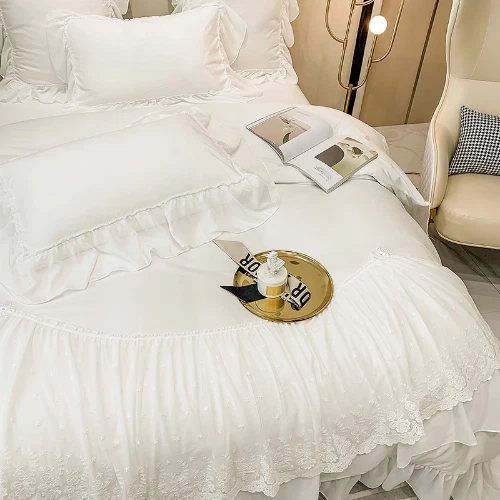 Juego de cama bordado de encaje blanco suave grueso terciopelo polar volantes funda nórdica Foto 4 de 4