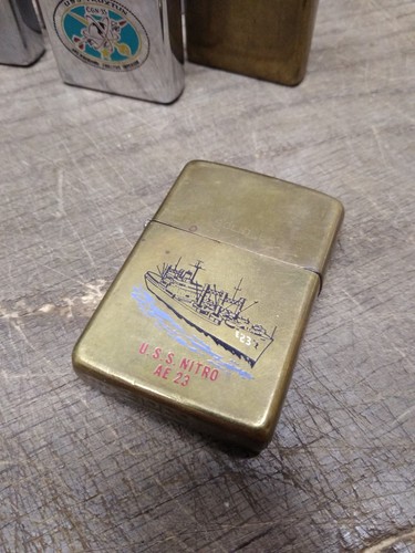 Vtg Zippo 1932 1985 Solid Brass Cigarette Lighter USS Ship Nitro AE 23 Sparks!!!