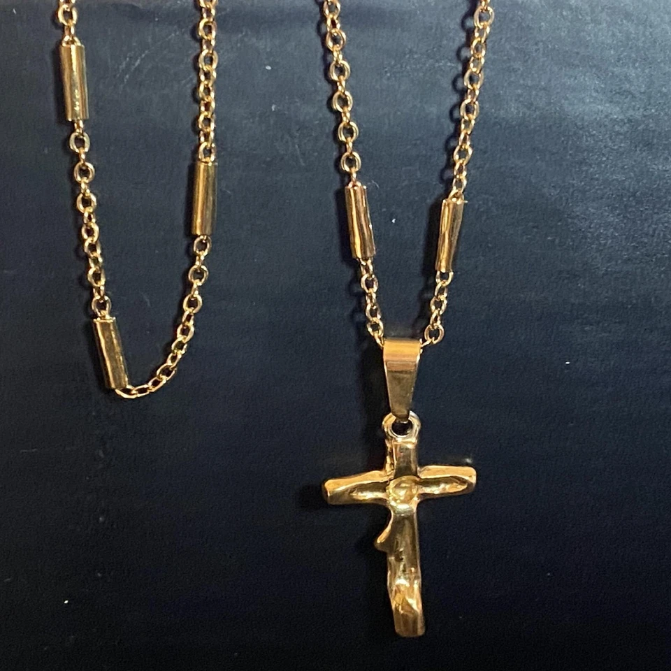 Collana con croce rosario in acciaio inox oro da uomo catenina 60 cm donna - Immagine 4 di 4