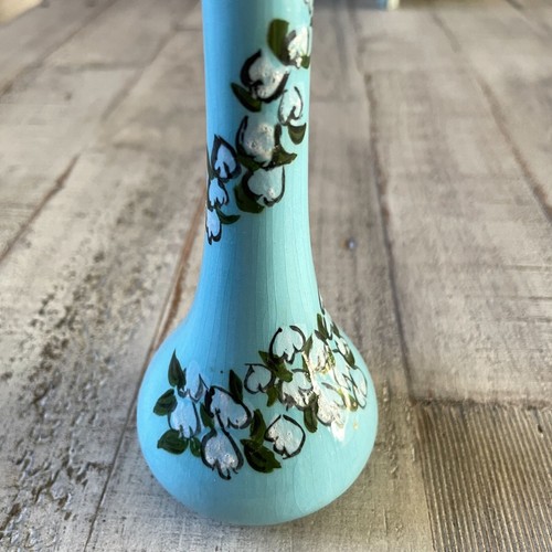 Vintage Blue Floral Bud Vase Ceramic Hobbyist Signed 6 1/4" H - Picture 6 of 10
