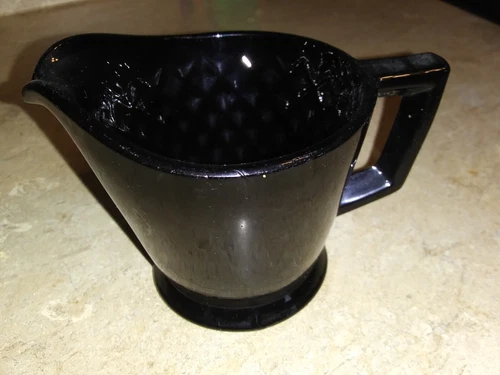 Vintage  Black Glass Creamer Diamond Pattern Starburst Bottom  3" Tall