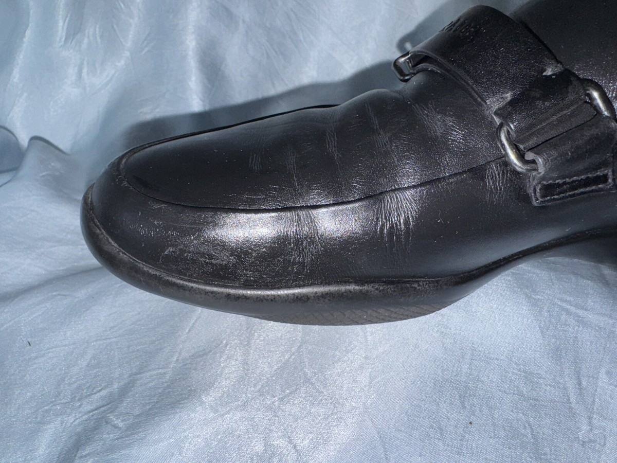 $850 Prada Black Leather Logo Buckle Linea Rossa Loafer UK 9