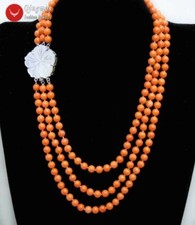 6mm Round Natural Orange Coral Necklace for Women Jewelry 3 Strands Chokers 17''