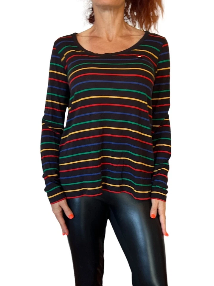 SONIA RYKIEL WOOL BLEND KNIT BLACK TEE TOP LONG SLEEVE NECK SCOOP MULTI STRIPE L - Image 4 of 4