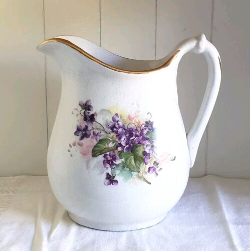 Antique 10" Homer Laughlin Lovely Hand Painted Purple Floral Water Pitcher