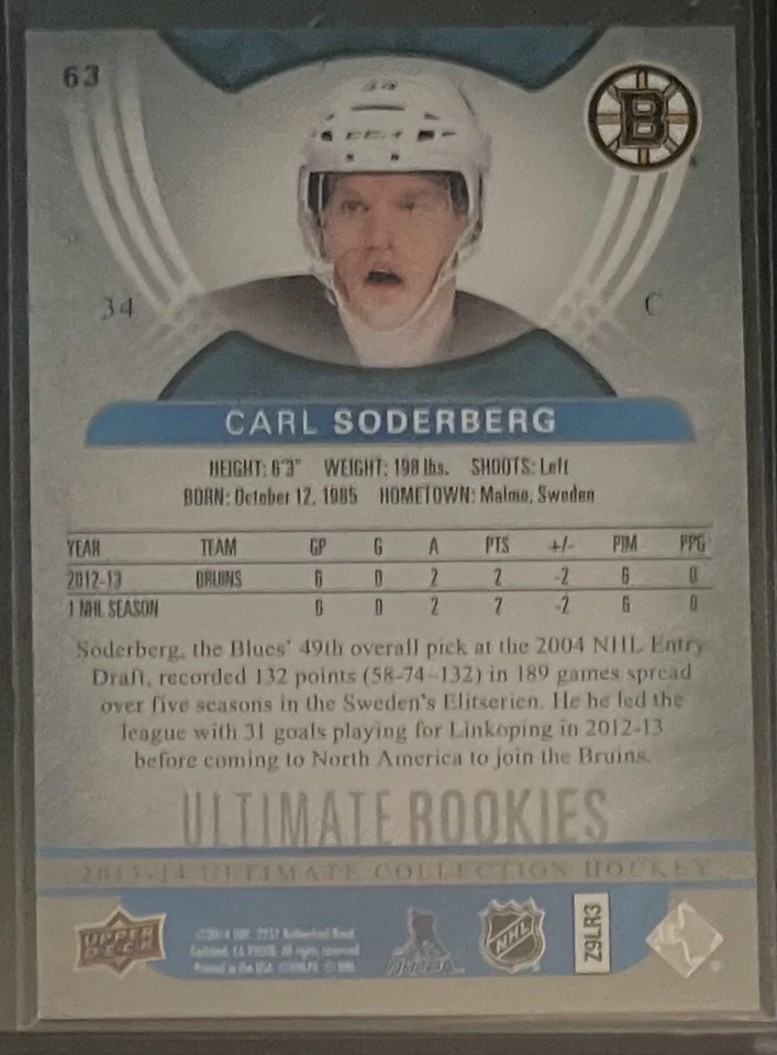 2013-14 UD ULTIMATE COLLECTION ROOKIES /499 CARL SODERBERG #63 BOSTON BRUINS - Image 2 of 2